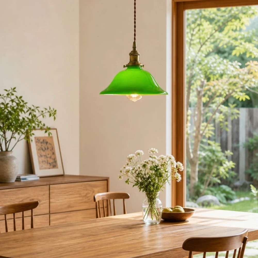 Suspension en verre vert au-dessus d'une table à manger en bois