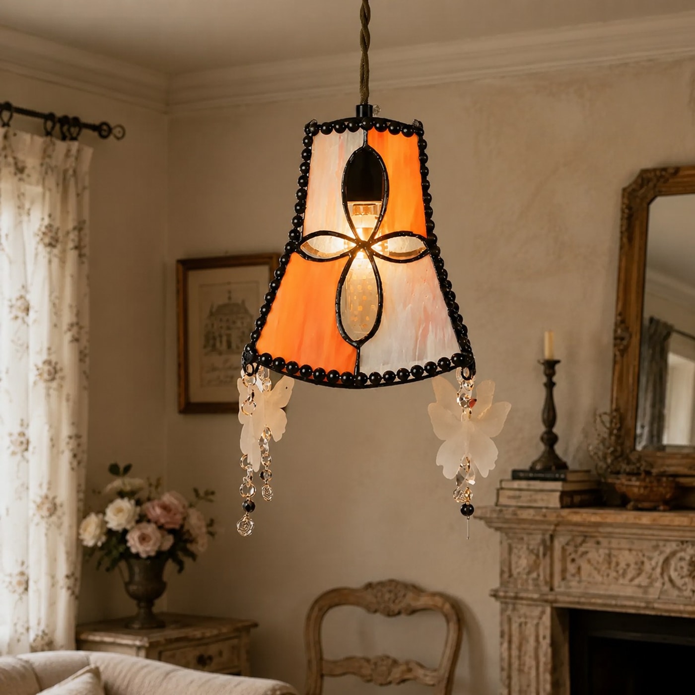 Habitación de estilo francés vintage con lámpara colgante de mariposa de concha instalada.