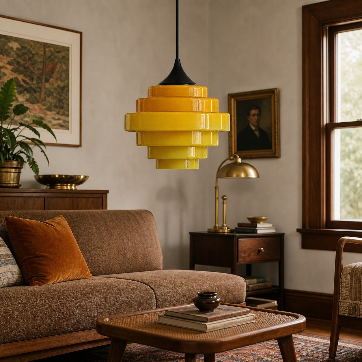 Suspension en verre jaune Sanenos dans un salon chaleureux