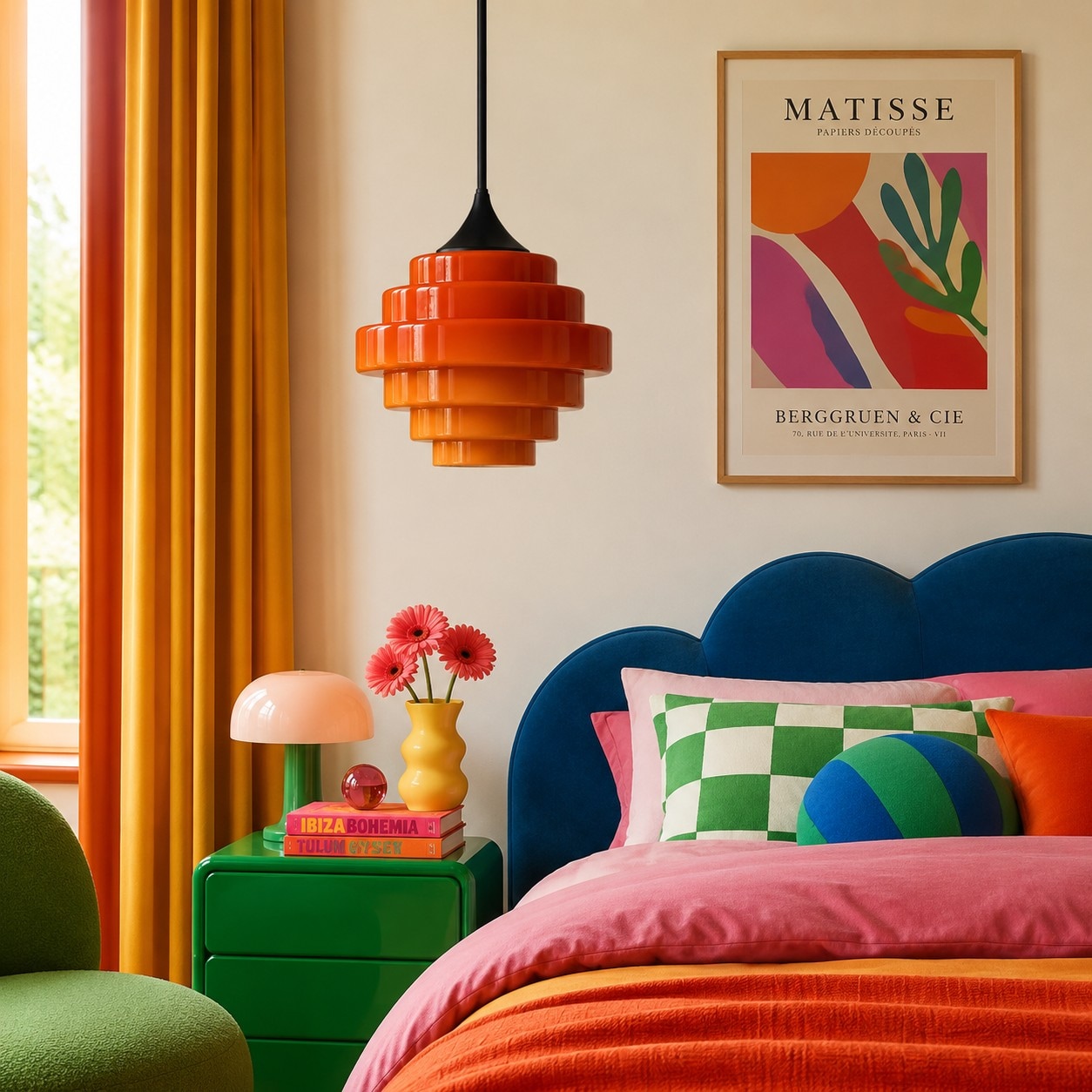 Suspension en verre Orange Sanenos dans une chambre rétro