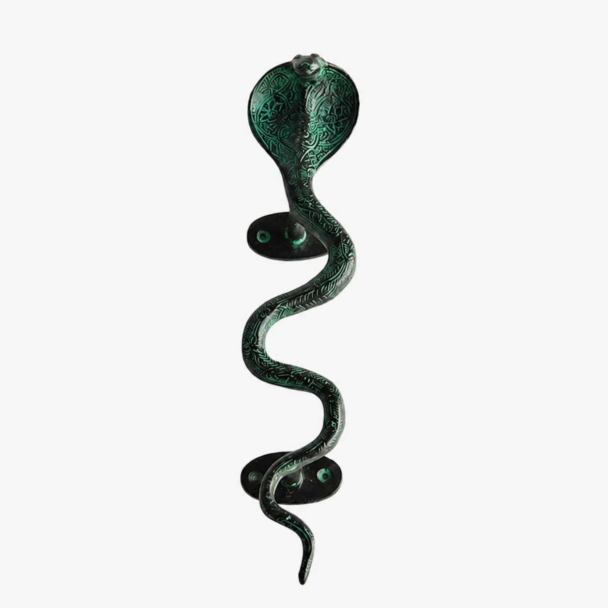 Maniglie per porte in ottone realizzate a mano con motivo a animali - Cobra verde verdigris, grandi