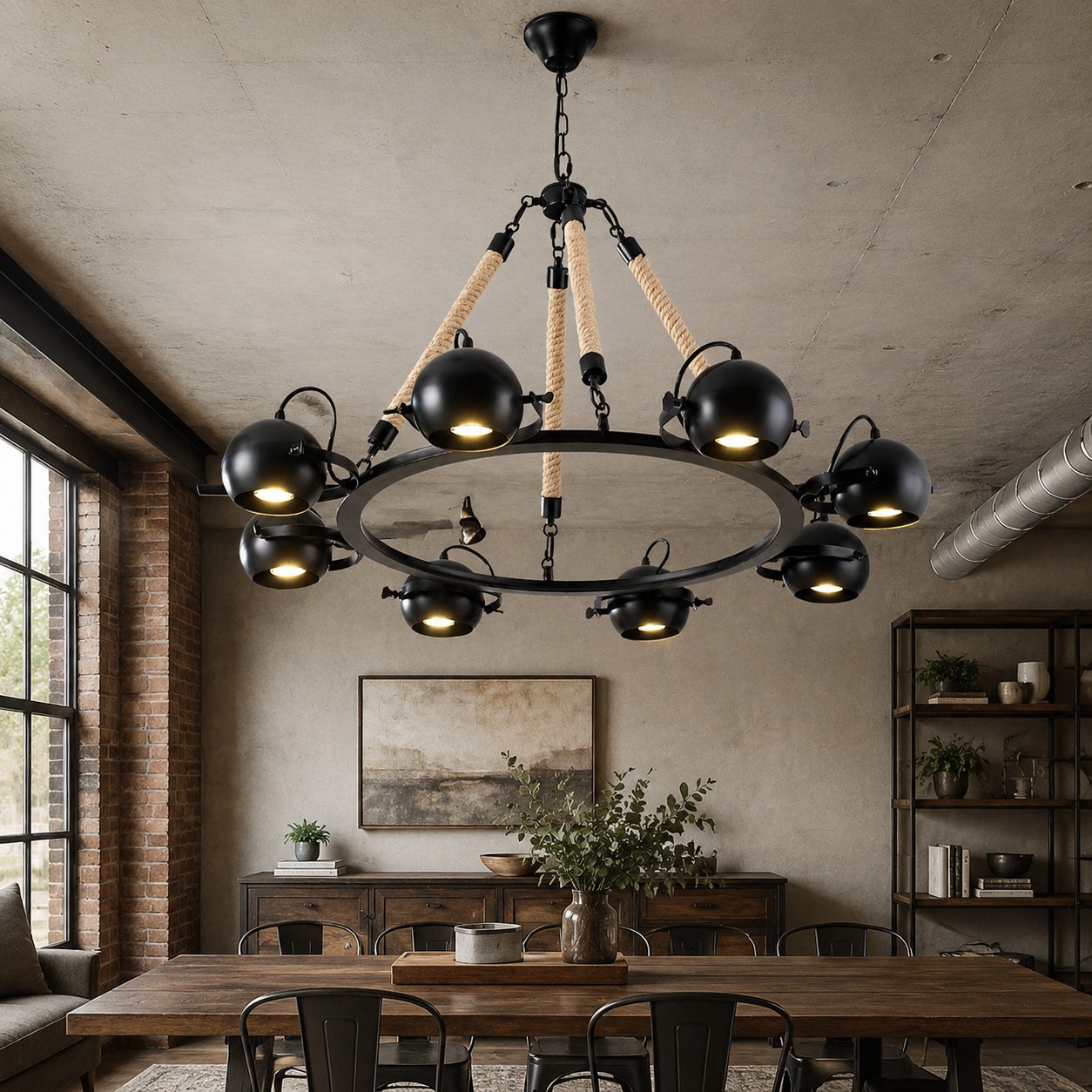 Lámpara de araña de ocho brazos sobre una cálida mesa de comedor en una habitación de estilo industrial.