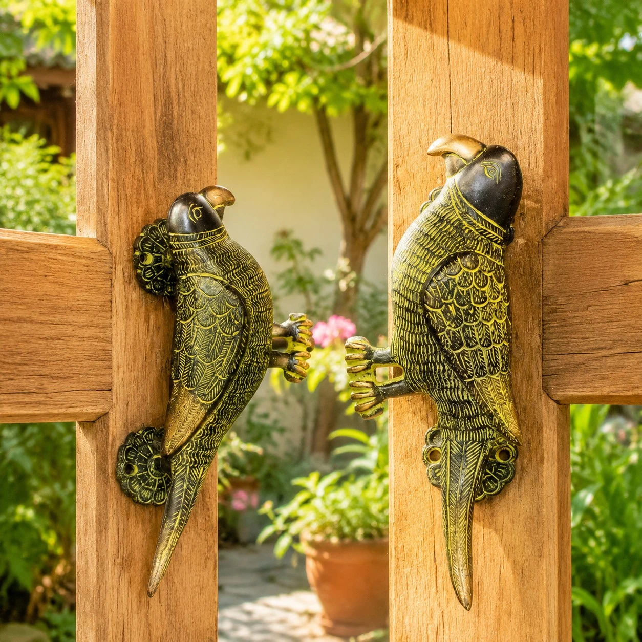 Maniglie decorative in ottone a forma di animale installate su una porta di legno.