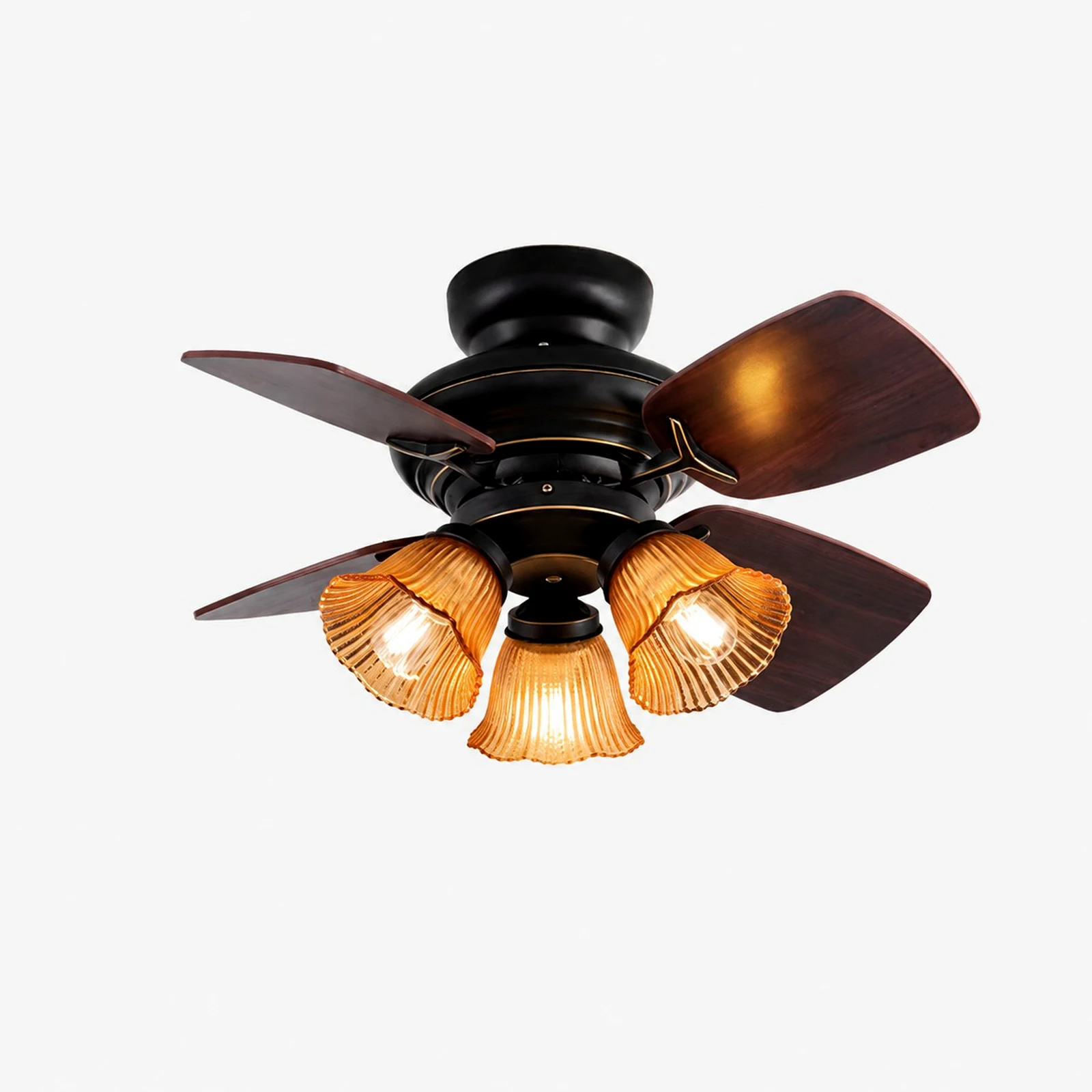 Perfil frontal del ventilador de techo con luz de cristal negro ámbar.