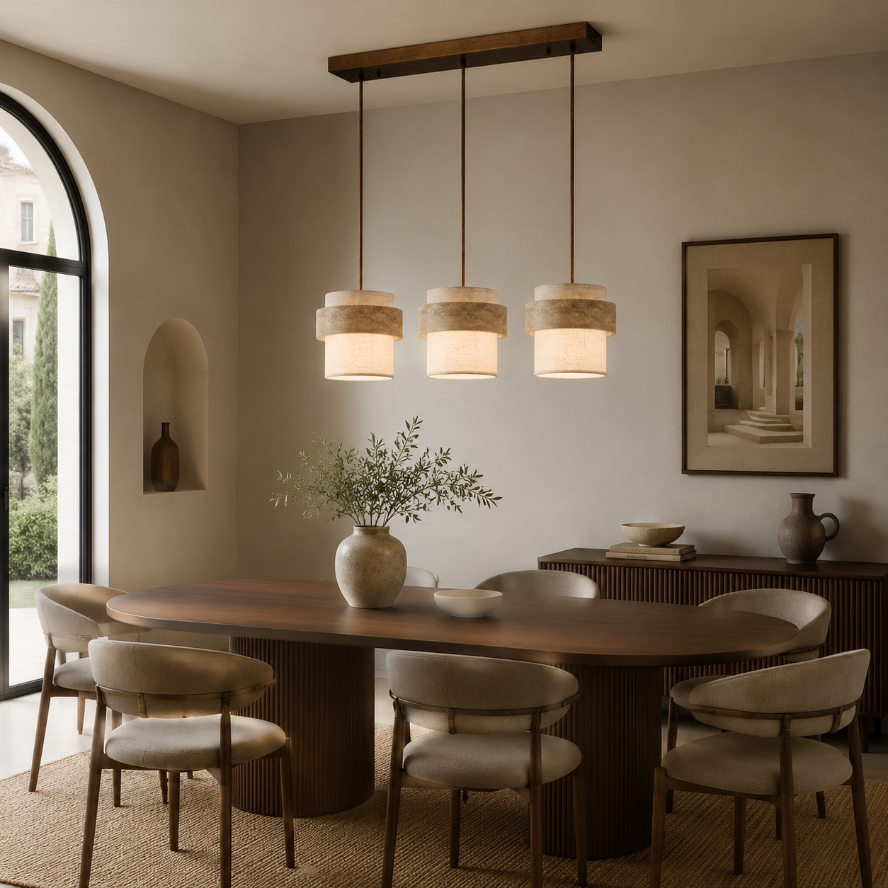 Hanglamp met drie koppen van travertijnstof boven de eettafel.