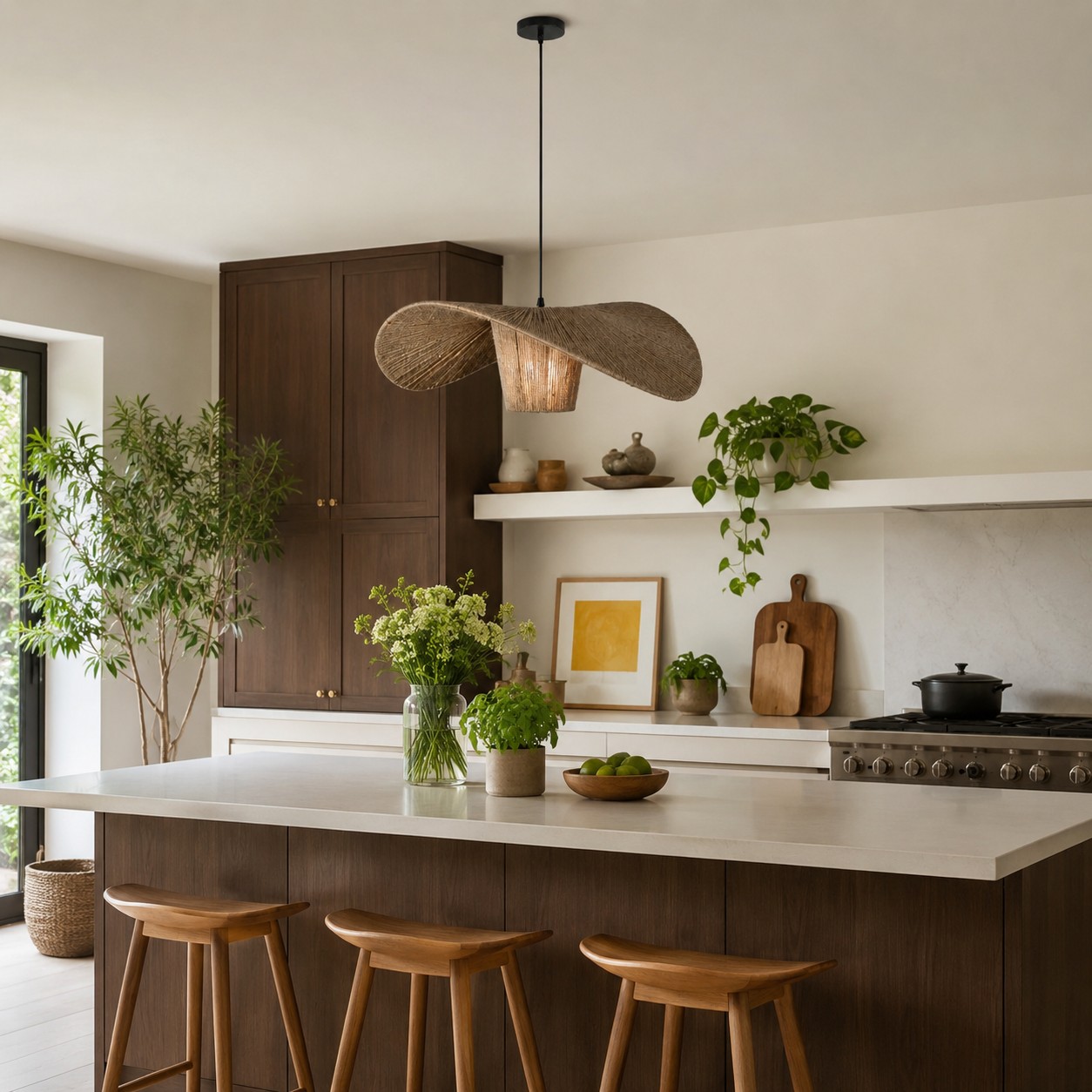 Lámpara colgante de cuerda de cáñamo colocada sobre una mesa de comedor.
