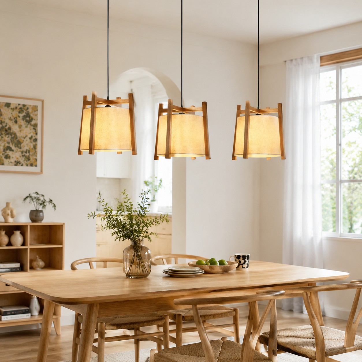 Drie hanglampen met houten frame en stoffen bekleding boven een eettafel.