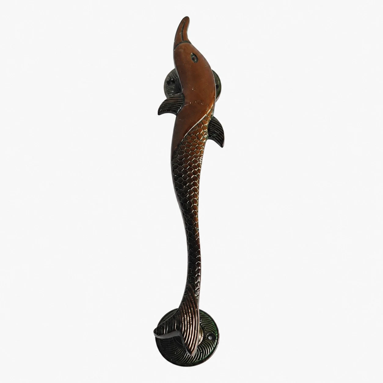 Maniglie per porte in ottone realizzate a mano con motivo a delfino, finitura bronzo anticato.