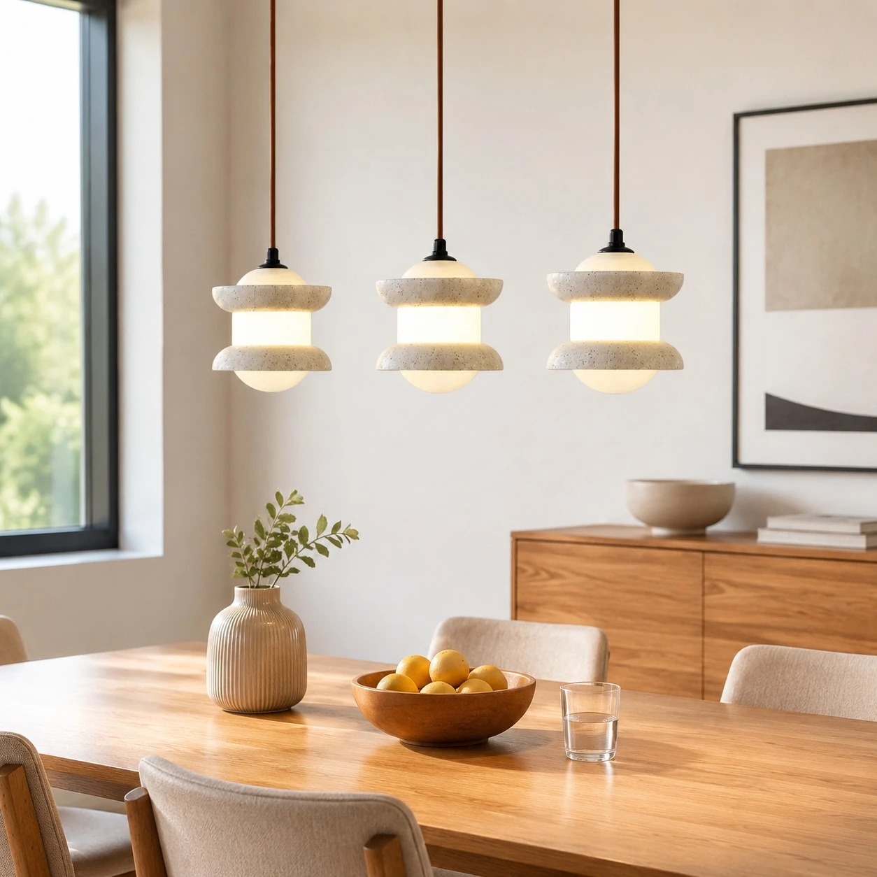 Hanglamp met drie lampen van travertijnsteen, geïnstalleerd boven een eettafel.