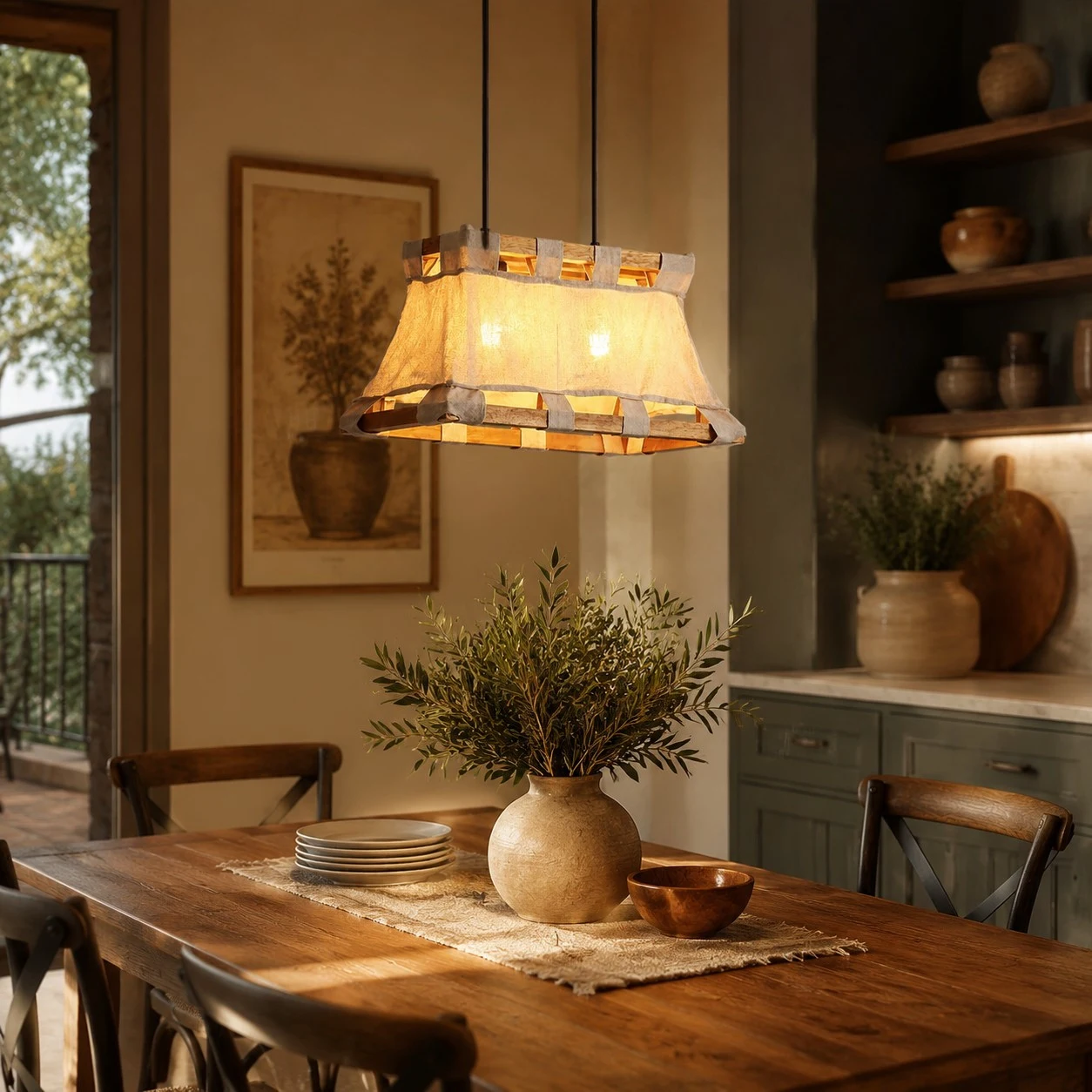 Więcej widoków pomieszczenia, które oddają skalę i atmosferę. 7 Lampa wisząca Wabi-Sabi z drewna i tkaniny