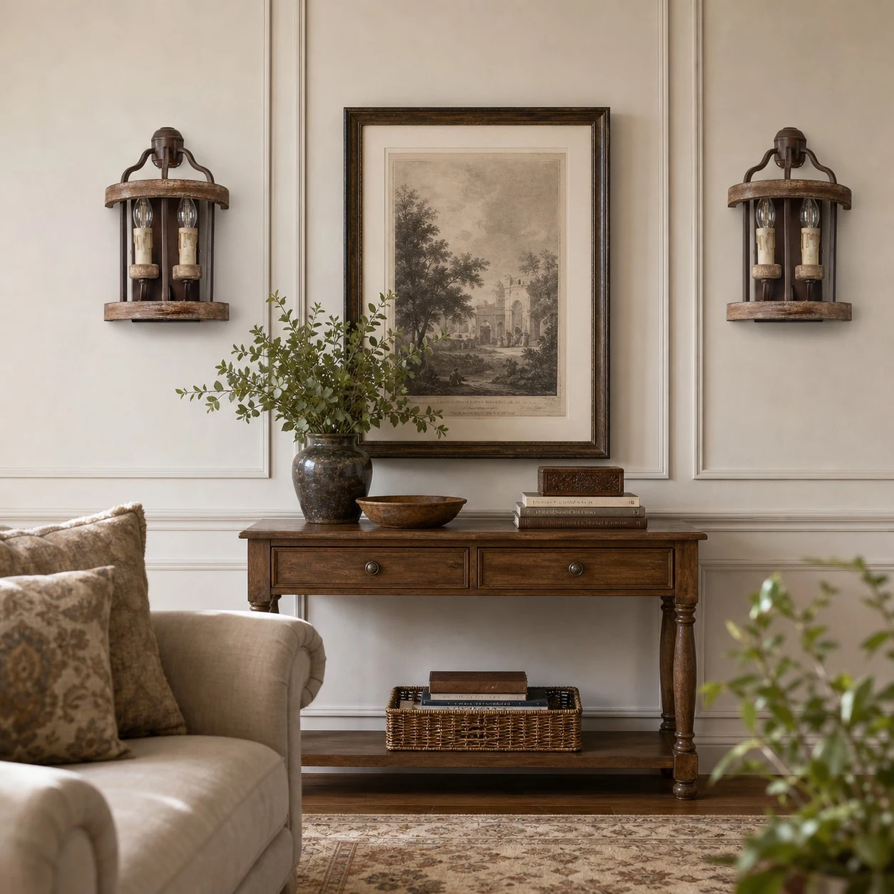 Rustic wood and iron wall sconces beside framed wall art and a console table
