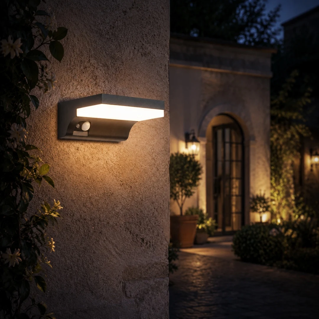 Lampada da parete esterna installata accanto all'ingresso di notte