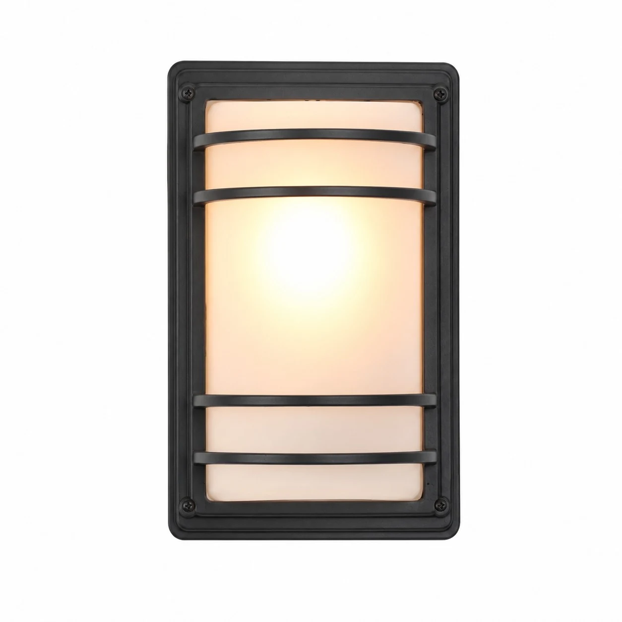 Lámpara de pared exterior con base negra y cristal blanco encendida