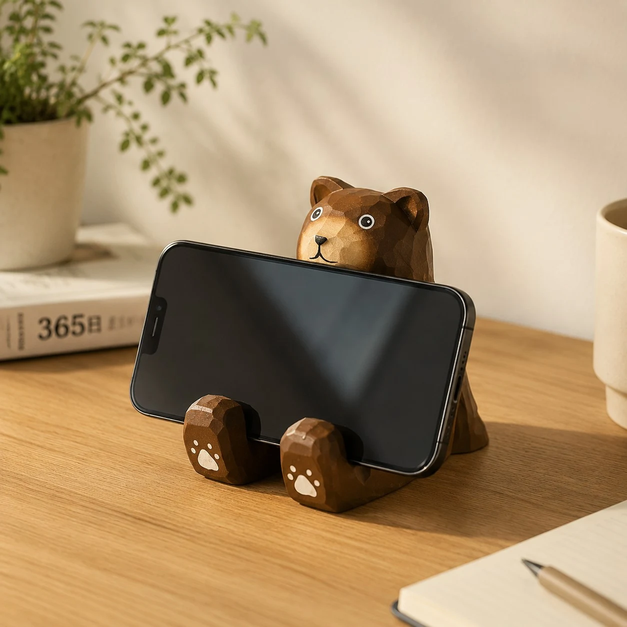 Supporto per cellulare in legno a forma di orso in una scena da scrivania