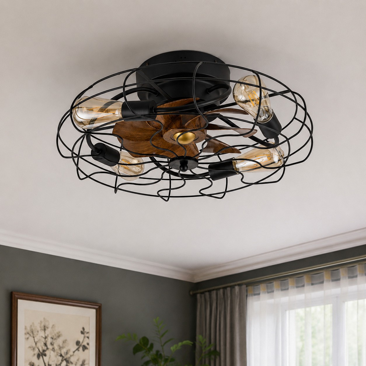 Ventilador de techo con luz y rejilla de estilo vintage instalado en una habitación.