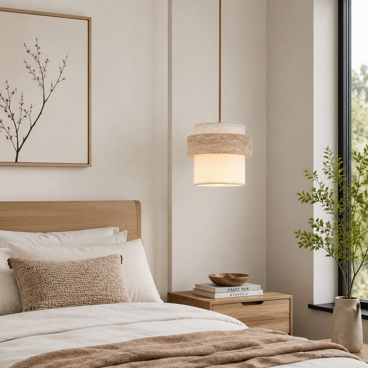 Enkele hanglamp van travertijnstof in een slaapkamer