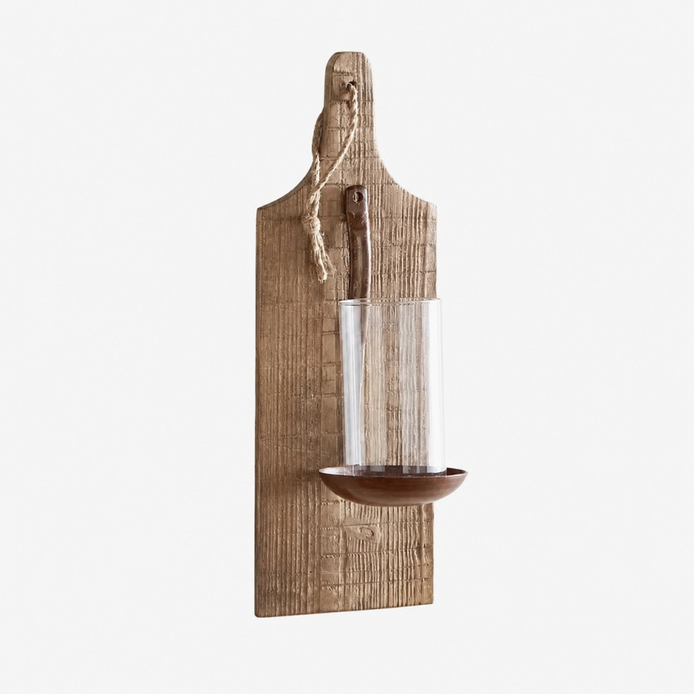Aplique de pared rústico de madera con forma de portavelas