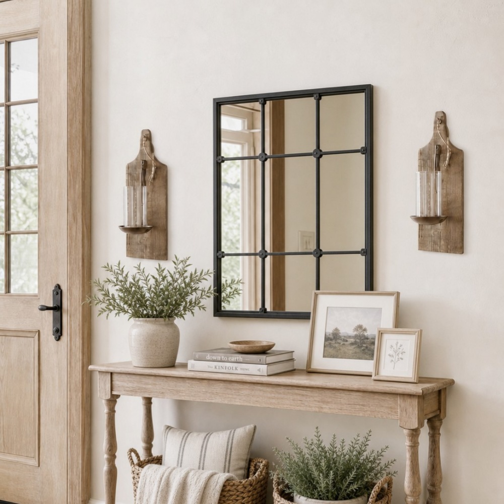 Aplique de pared rústico que sirve como elemento decorativo cálido para la habitación.