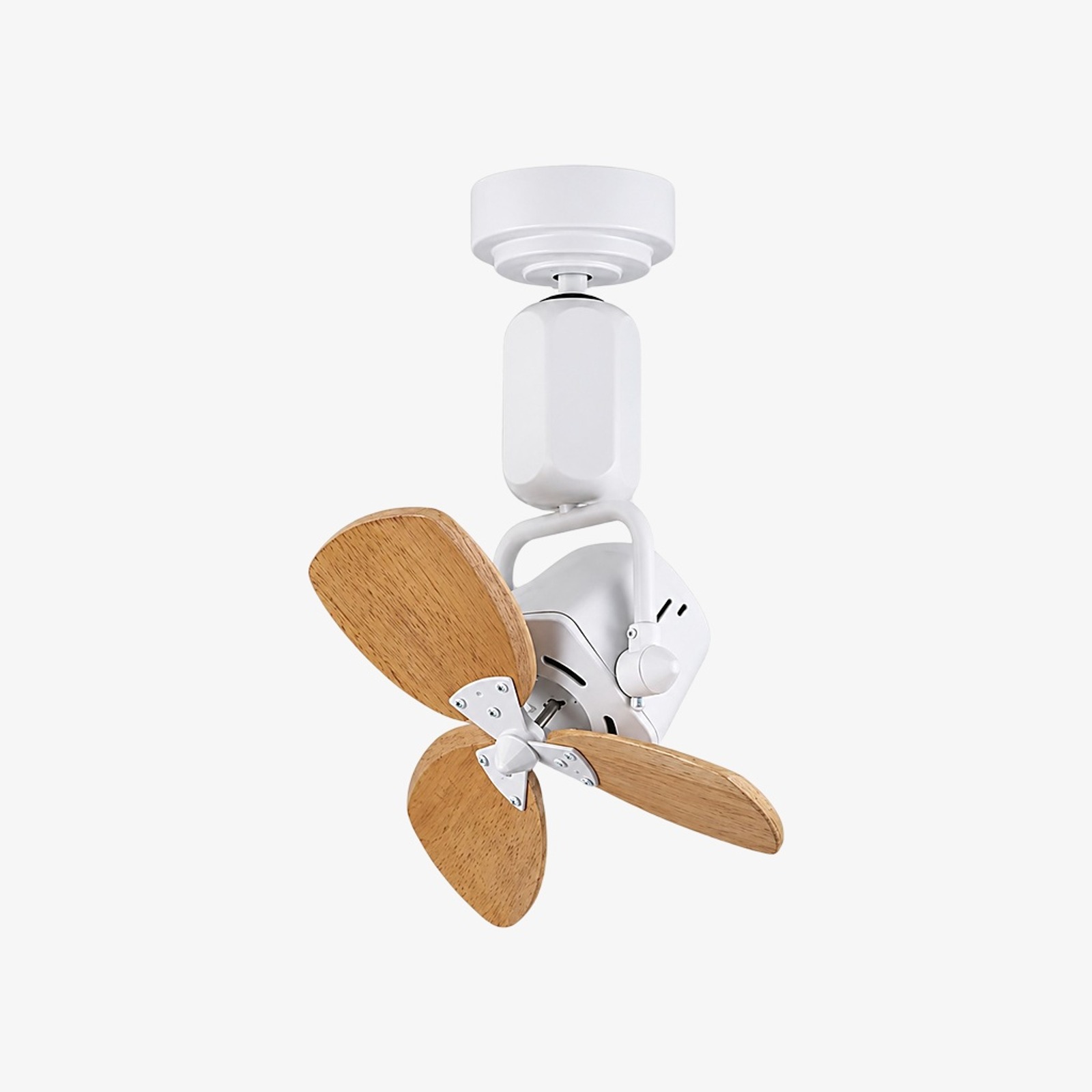 Ventilador compacto blanco con aspas de estilo madera clara.