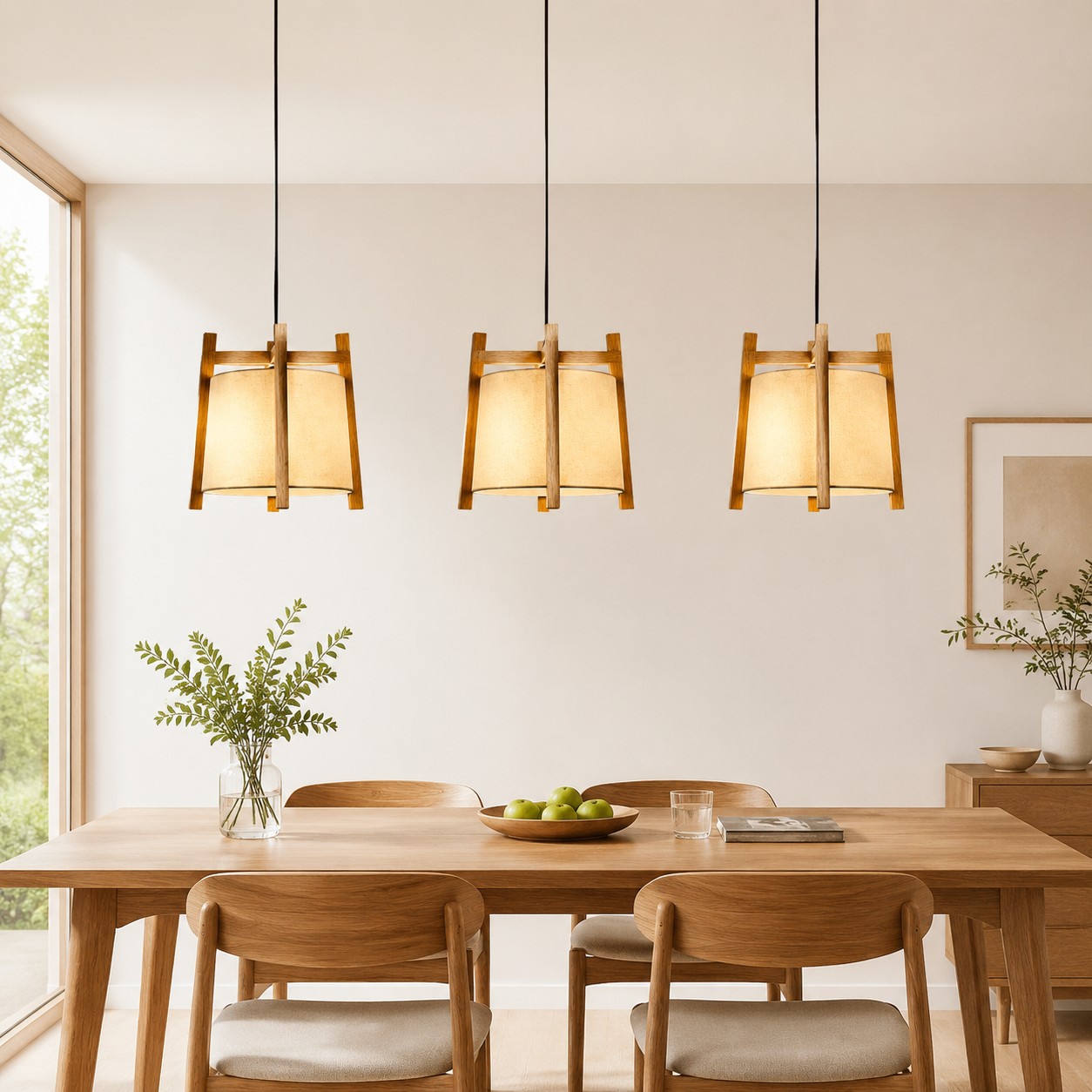 Hanglampen van natuurlijk hout in een lichte eetkamer.