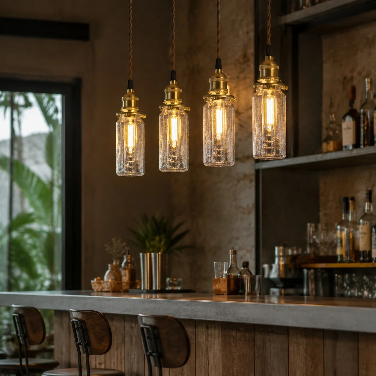 Une rangée de suspensions en verre craquelé au-dessus d'un comptoir