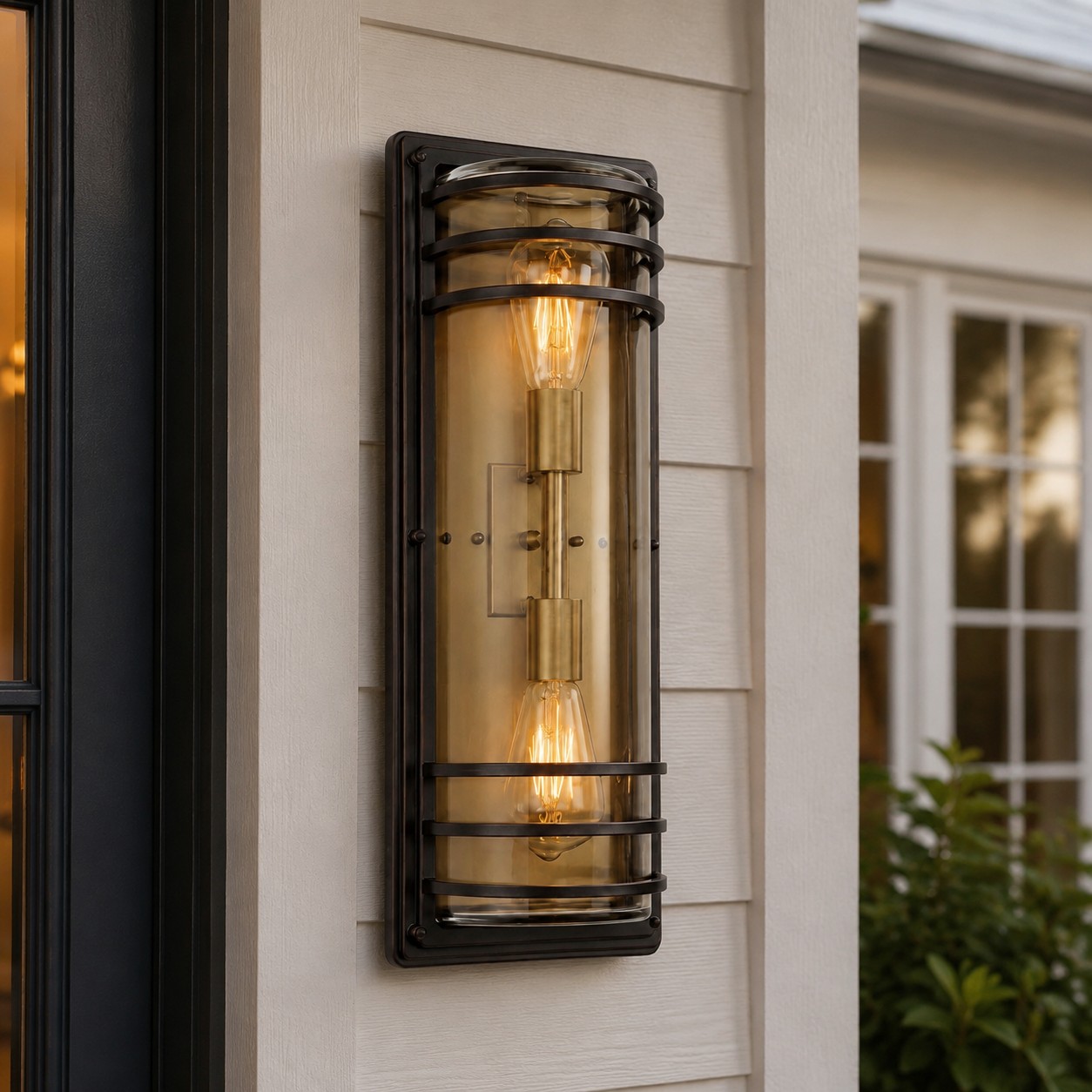Large bronze glass outdoor wall sconce installed on a porch exterior wall