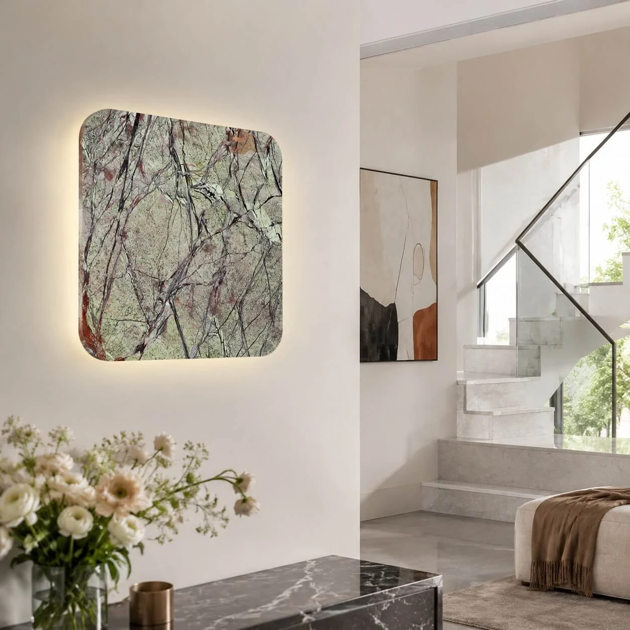 Stone wall light by stair landing