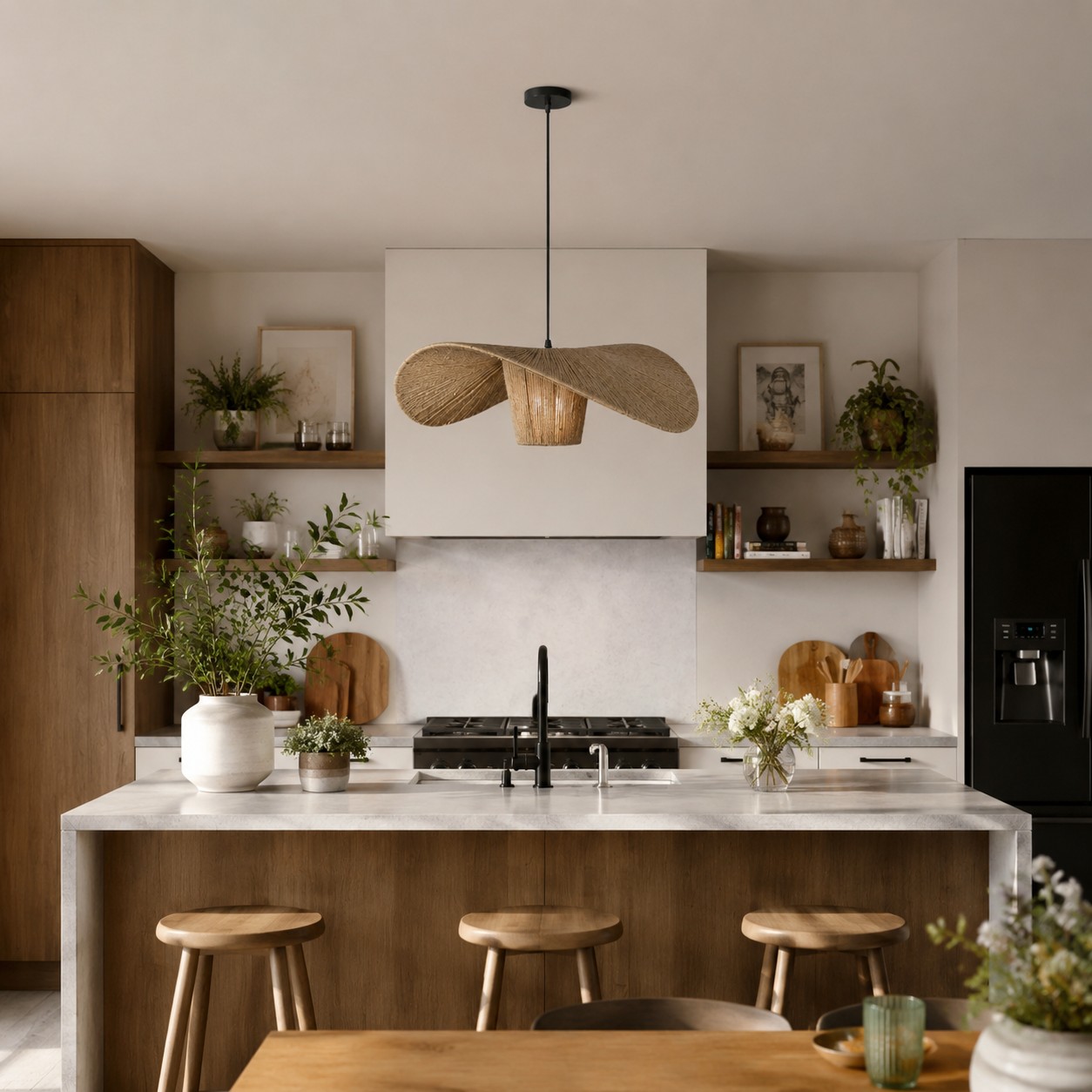 Lámpara colgante de cuerda como punto focal orgánico de la habitación.
