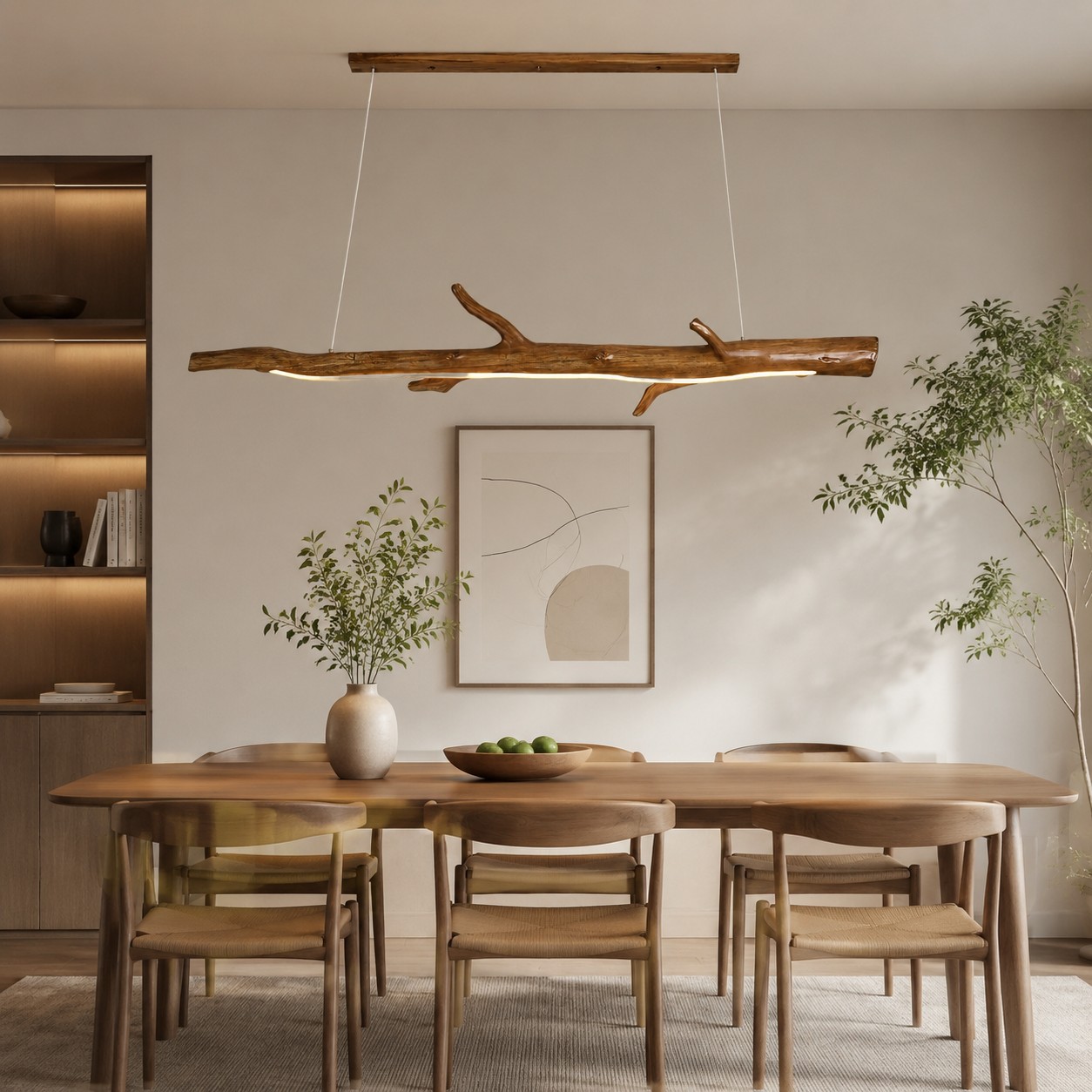 Hanglamp met lineaire takken van hars in houtkleur voor de eetkamer