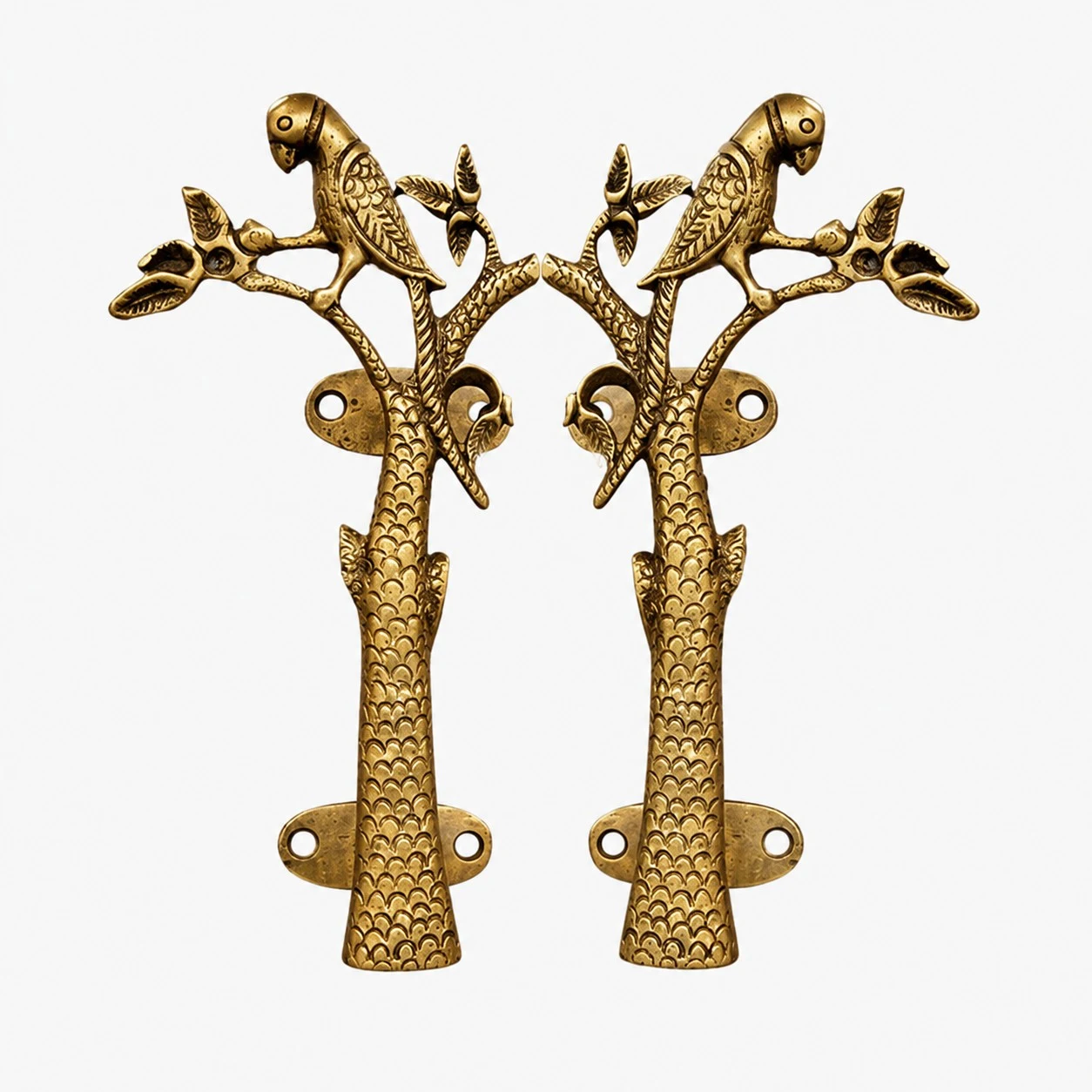 Maniglie per porte in ottone realizzate a mano con motivo a animali - Pappagallo con ramo, ottone anticato, standard