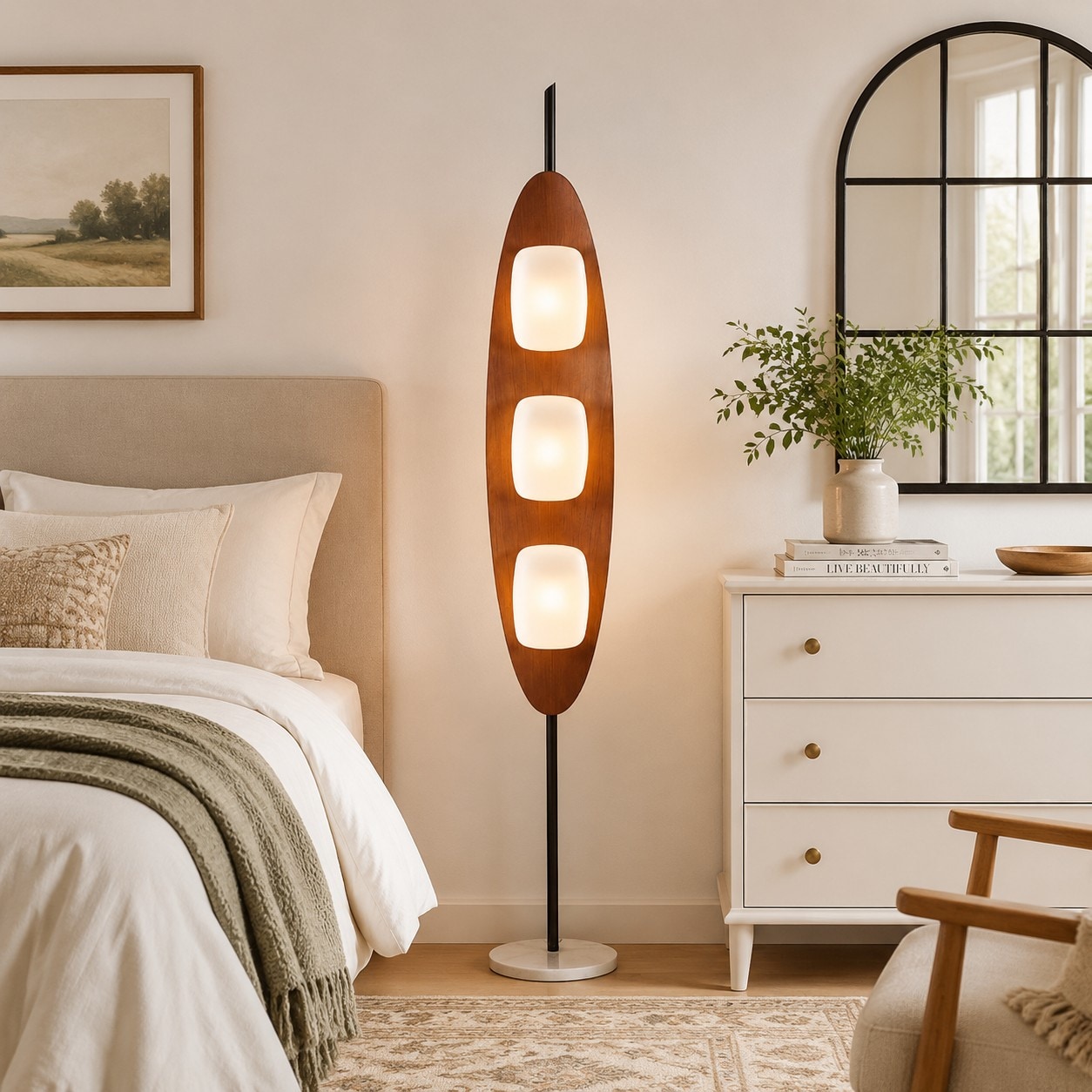 Lámpara de pie Bauhaus en tono nogal junto a una cama y una cómoda en un dormitorio cálido.