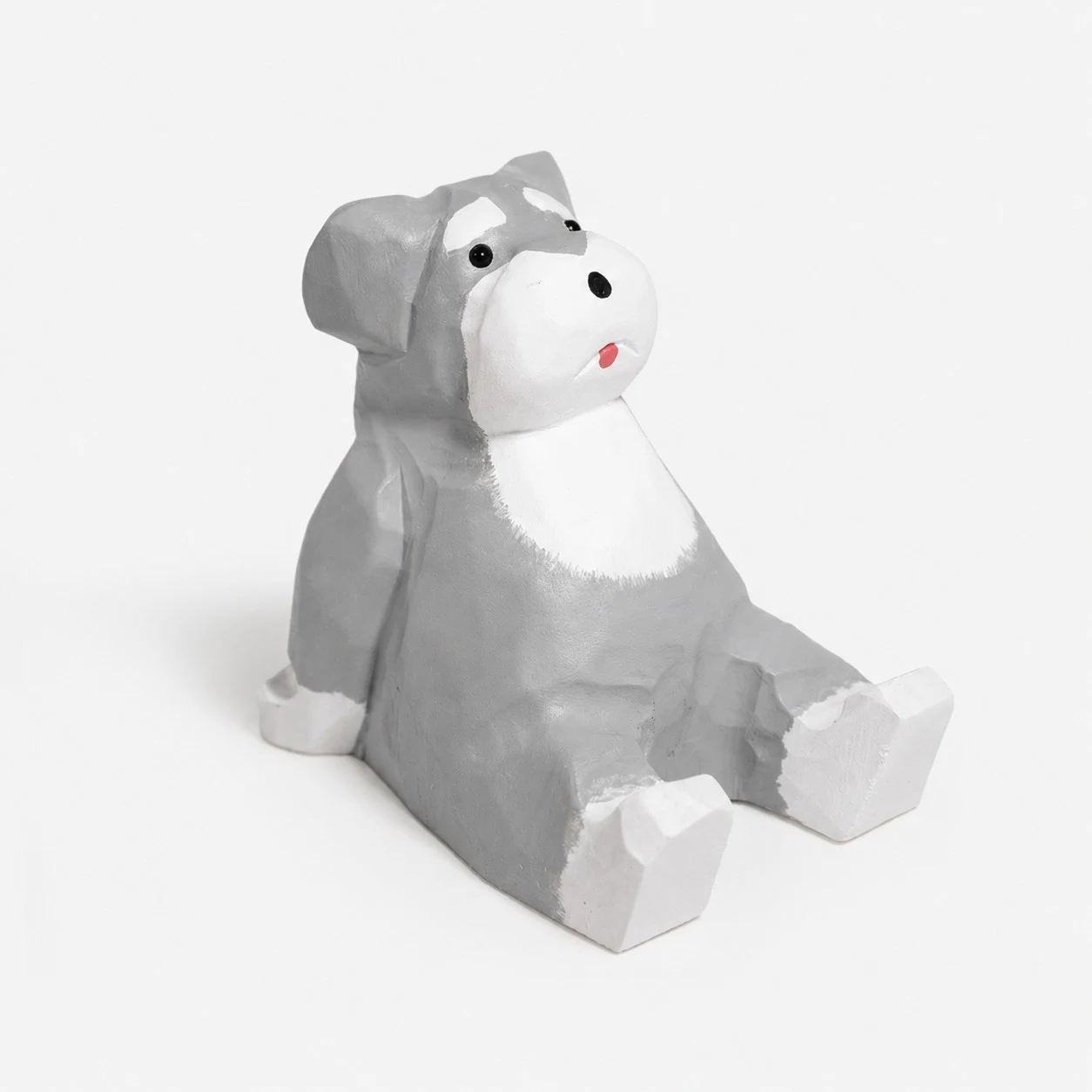 Supporto per telefono in legno intagliato a mano a forma di Schnauzer.