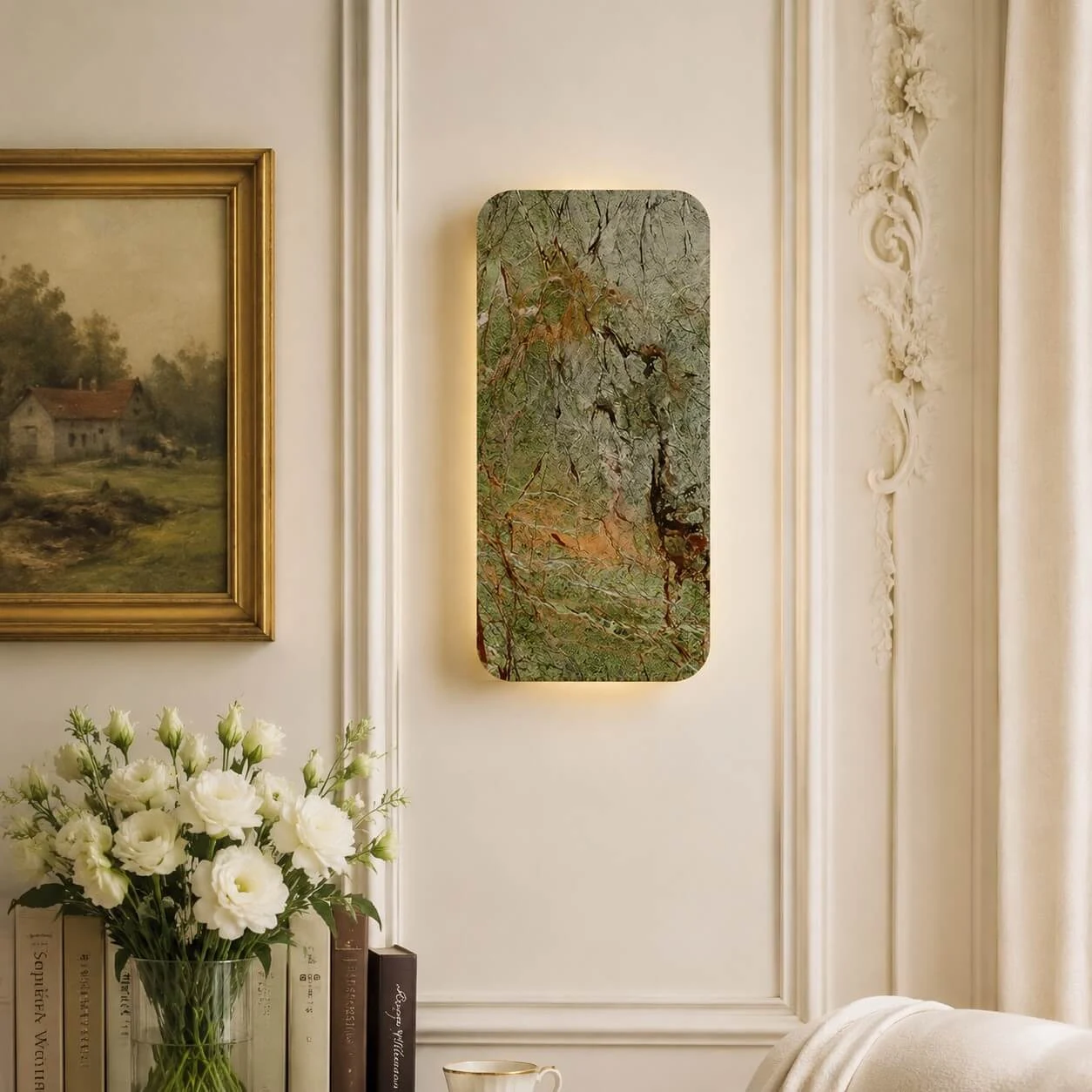 Stone wall light in classic paneled room
