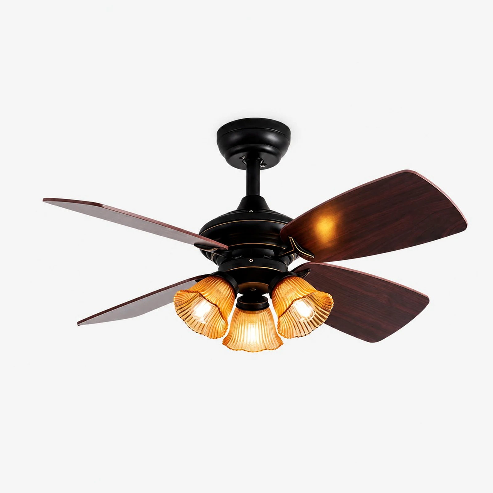 Ventilador de techo con luz de cristal negro ámbar estilo barra colgante, vista en ángulo