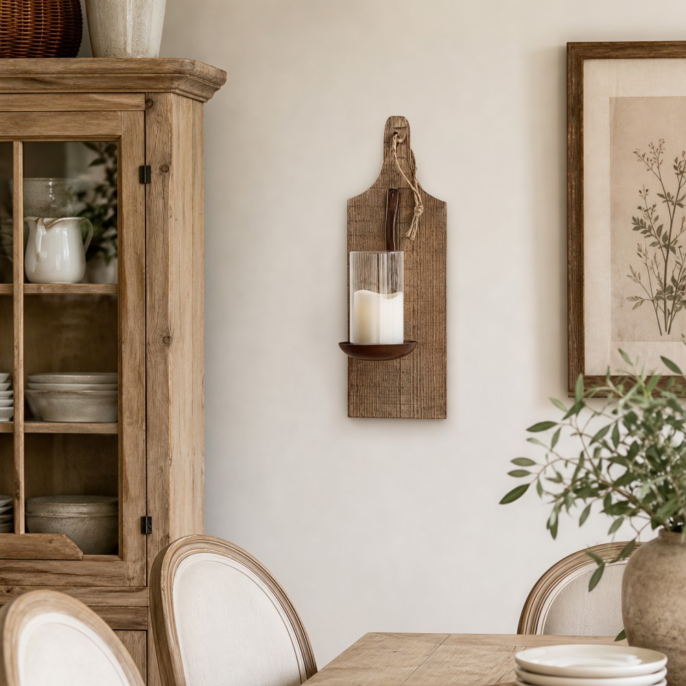 Aplique de pared rústico de madera junto a un aparador de comedor y cuadros enmarcados.
