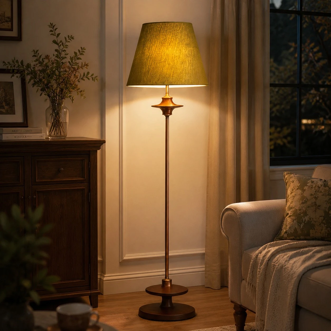 Lámpara de pie vintage que crea un ambiente cálido en el salón.