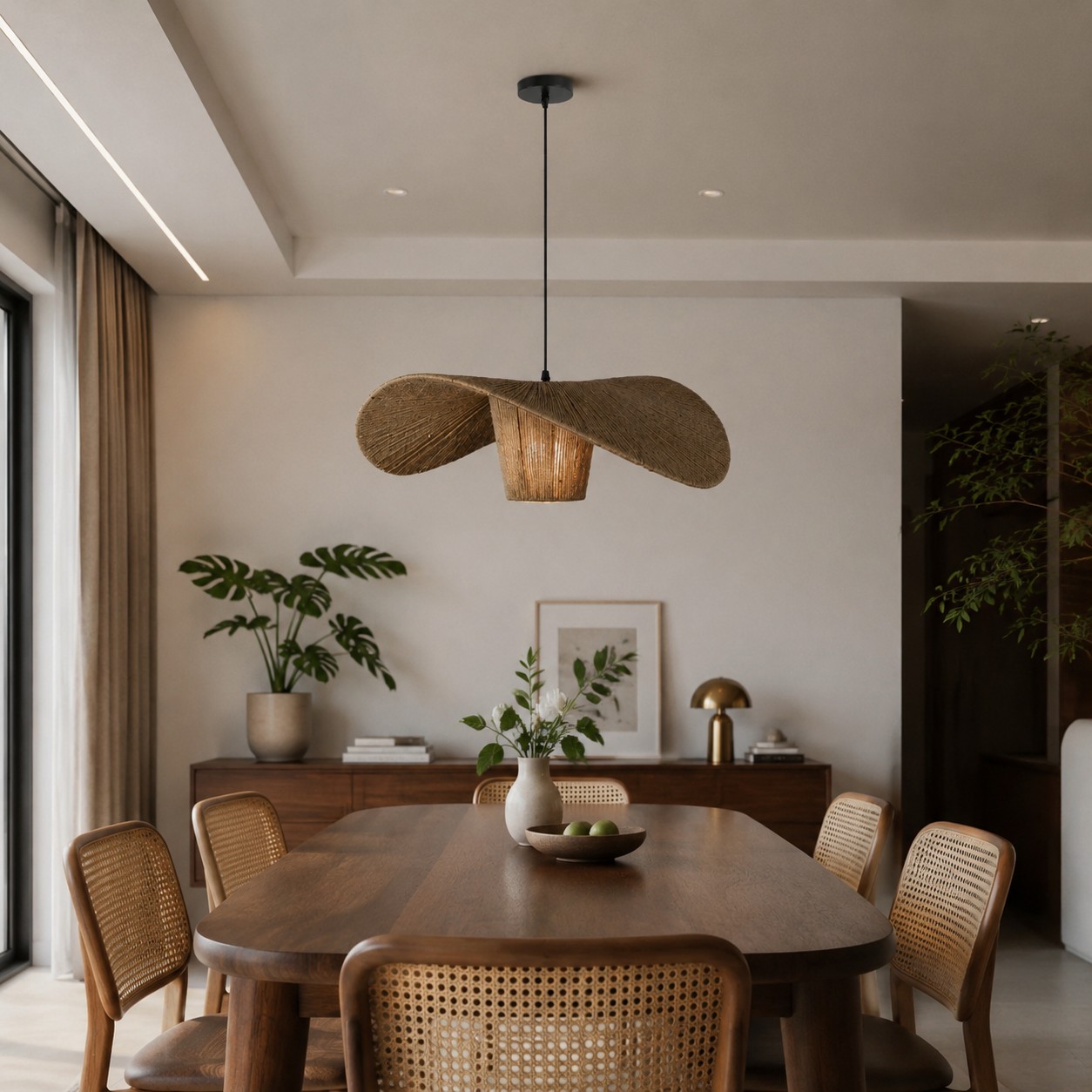 Lámpara colgante tejida a mano con un cálido estilo interior.