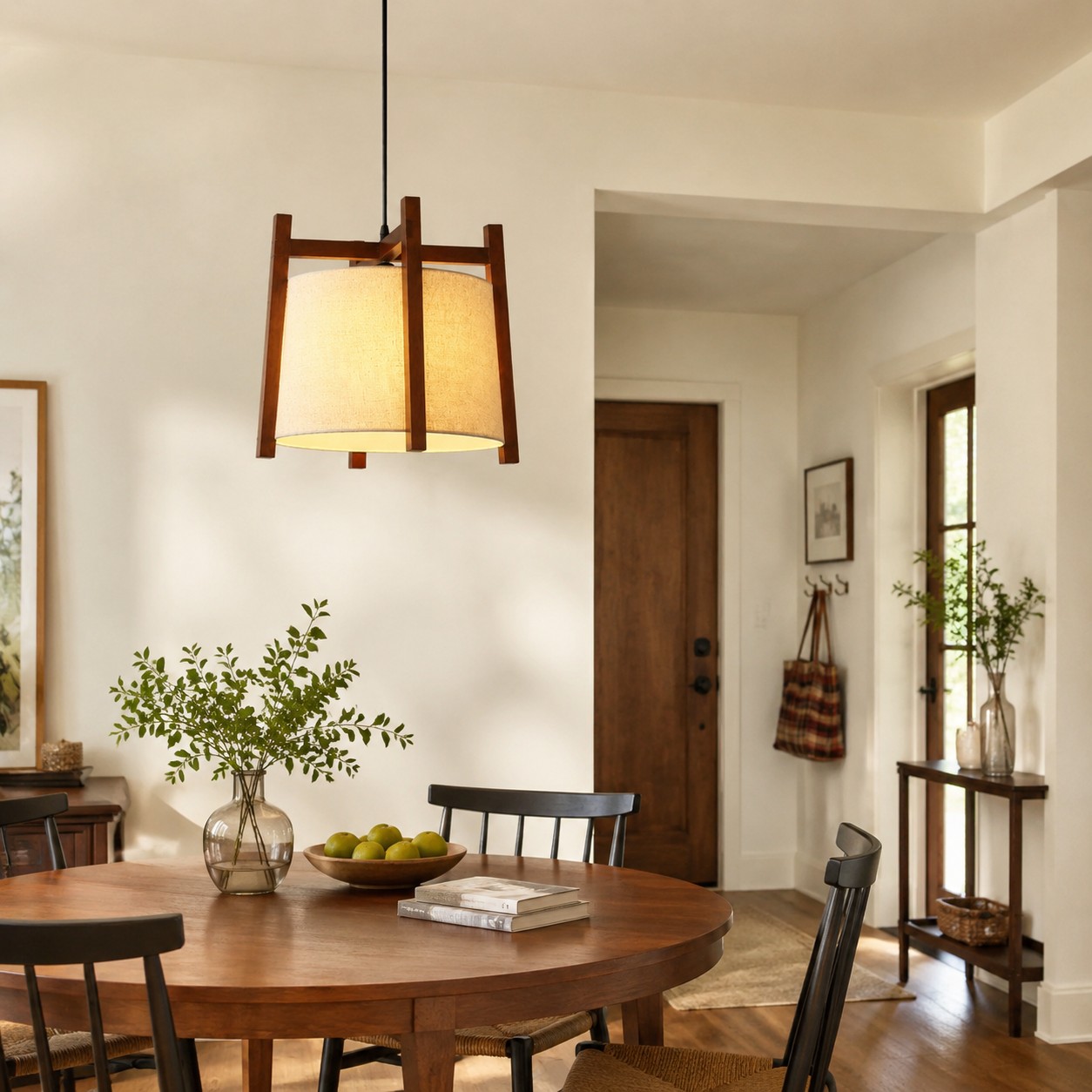 Enkele stoffen hanglamp met walnoothouten afwerking boven een eettafel