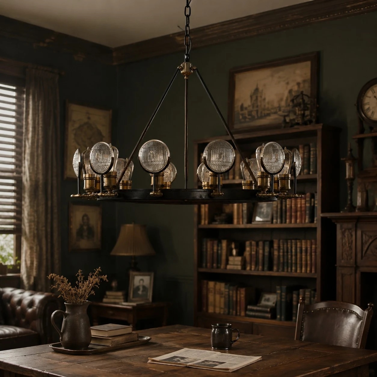 Escena de una habitación con lámpara de araña industrial