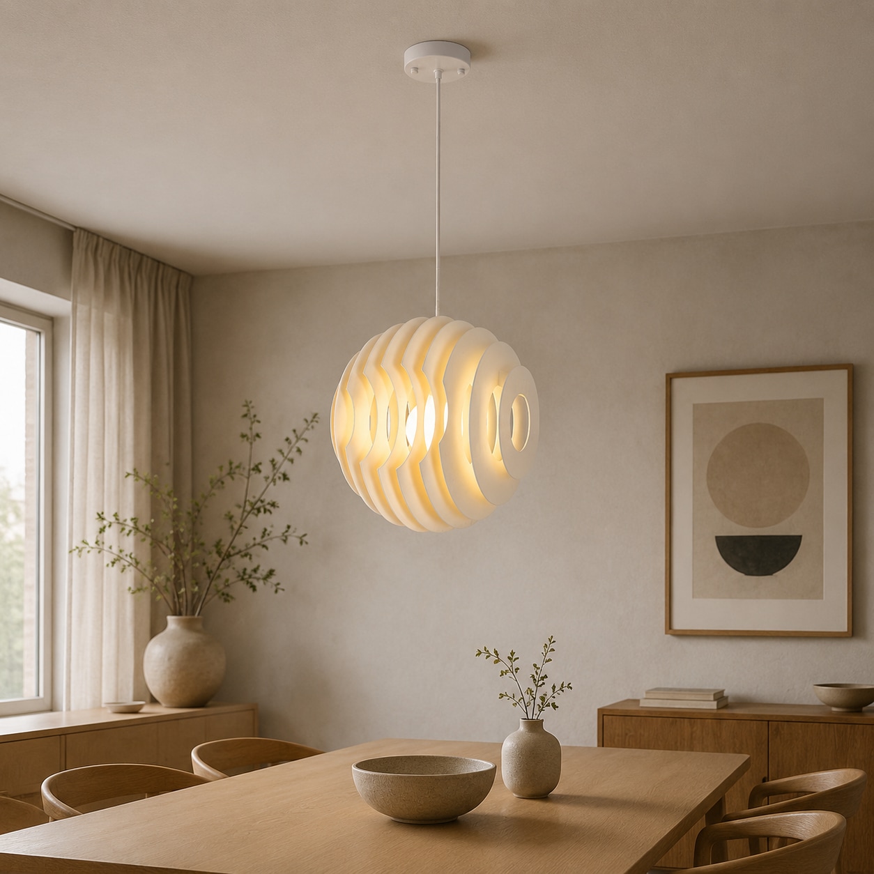 Luminária pendente branca em camadas em uma sala de jantar tranquila.