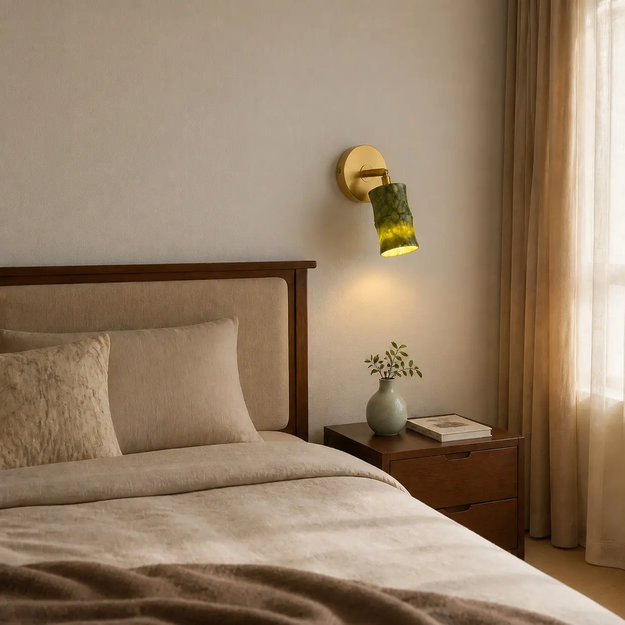 Applique murale en jade vert installée à côté d'une tête de lit de chambre