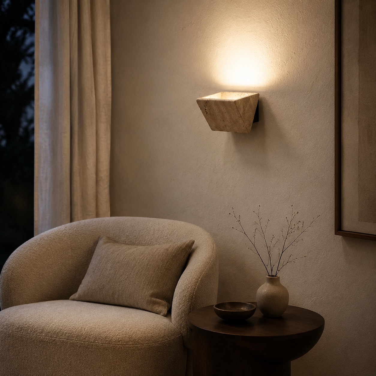 Travertine wall sconce beside a reading chair