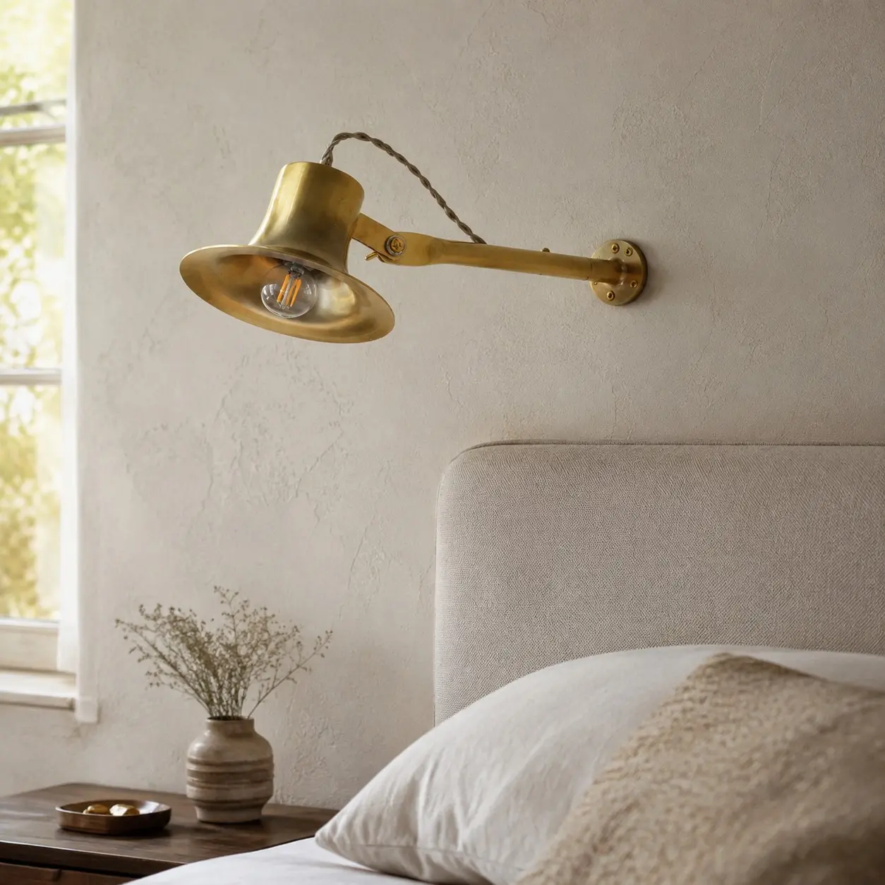 Aplique de pared de latón mate junto a la cama.