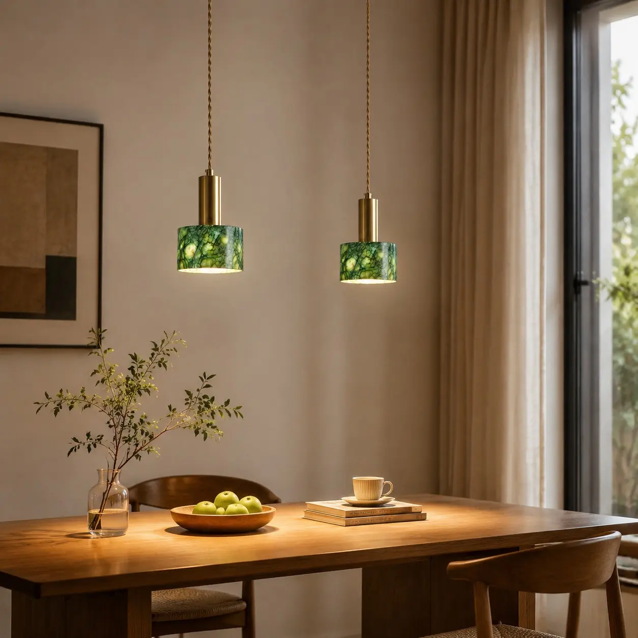 Ein Paar Jade-Anhänger in einem warmen Esszimmer
