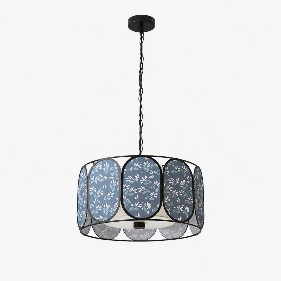 Lámpara colgante cilíndrica de tela floral azul