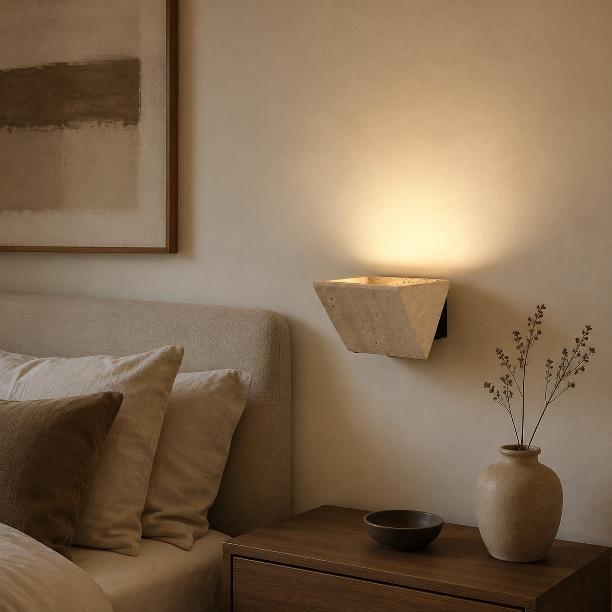 Travertine wall sconce beside a bedroom nightstand