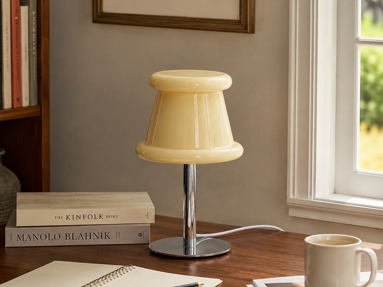 Cream Table lamp on a wood desk beside books and a window