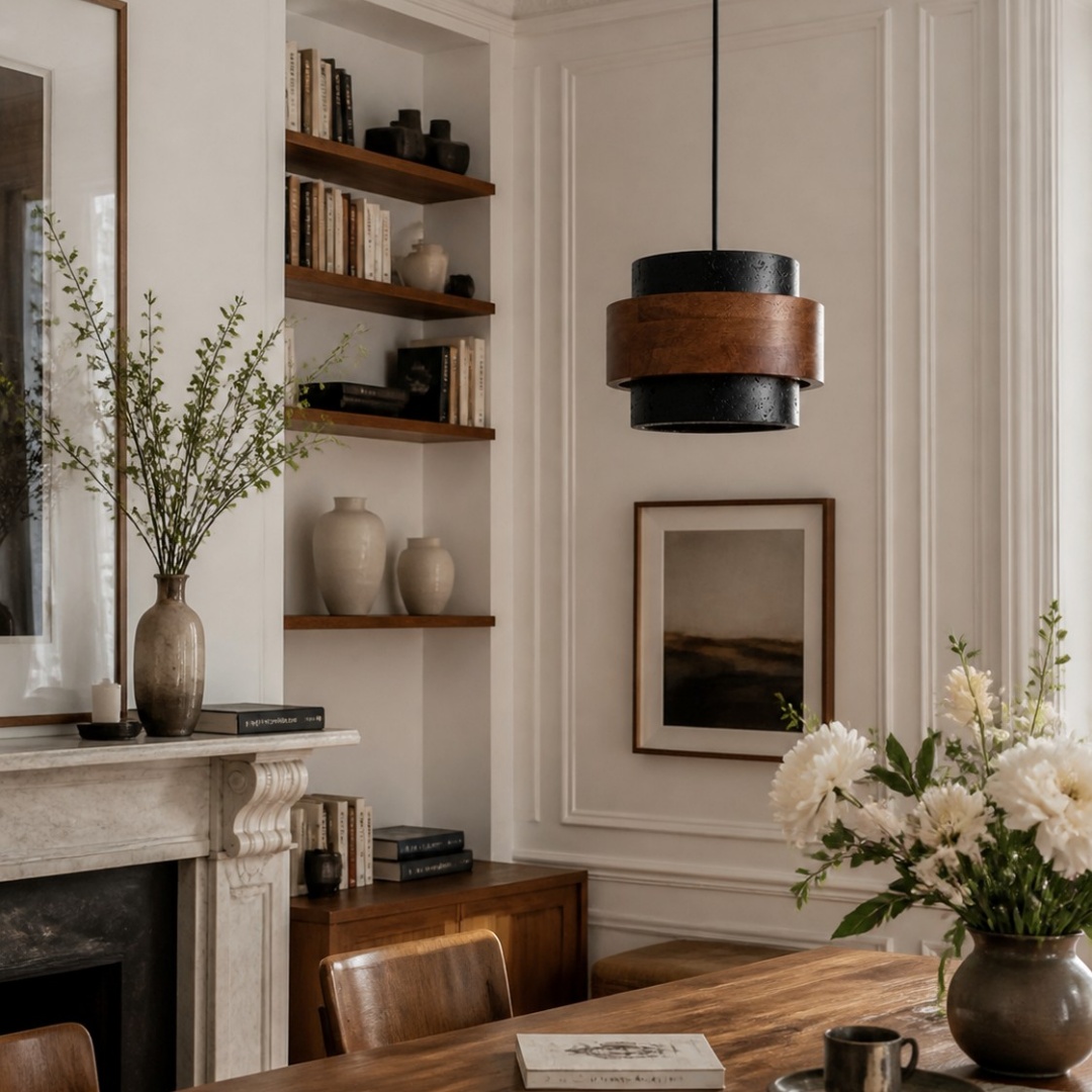 Lámpara colgante de travertino negro y nogal instalada sobre una mesa de comedor.