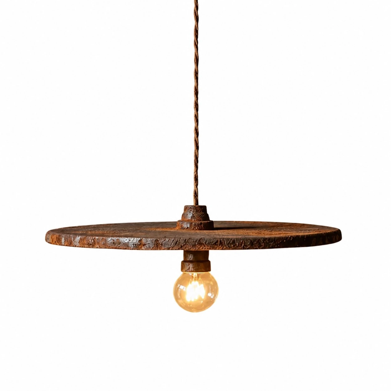 Roestbruine ijzeren hanglamp met enkele lamp.