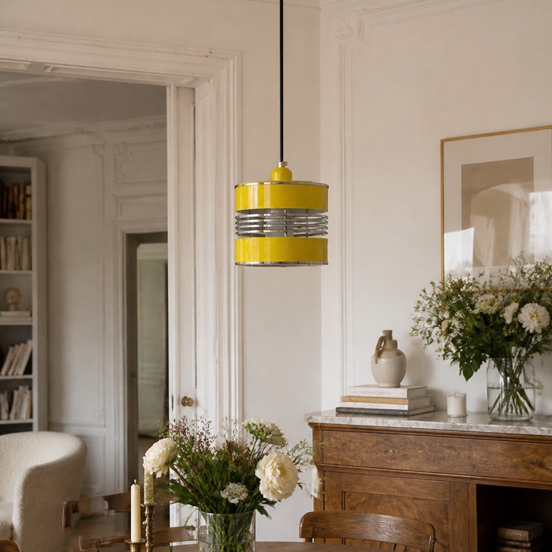 Lampadario a sospensione giallo in metallo in stile Bauhaus installato sopra una zona pranzo.